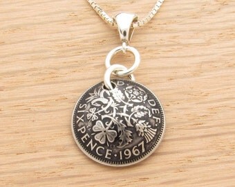 For 50th: 1967 UK Sixpence Necklace 50th Birthday or 50th Anniversary Gift Coin Jewelry