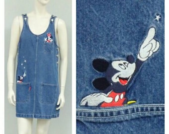 Vintage 90s Mickey Minnie Disney Denim Jumper, Skirt Overalls, Overall Skirt, Overall Dress, Overall Jumper, Skirtalls, Disney Clothing