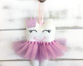Personalized Tutu Tooth Fairy Pillow with Glitter Crown or Bow, choose your colour