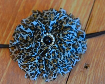 Baby Toddler Leopard Print Flower Headband Rhinestone Pearl Center Skinny Elastic 14"