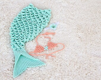 Mermaid Tail Blanket, Baby Crochet Mermaid Tail Blanket, Mermaid Photo Prop, Mint & Peach Mermaid Tail Blanket Set, Baby Shower Gift