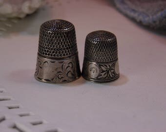 2 Antique Sterling Silver Thimbles Size 7 & 10