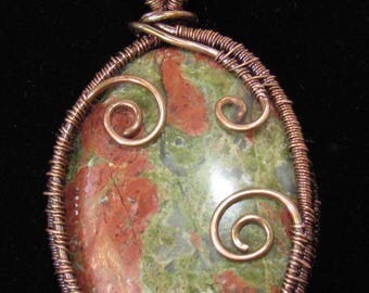 Antiqued Copper and Natural Unikite Wire Wrapped Pendant.