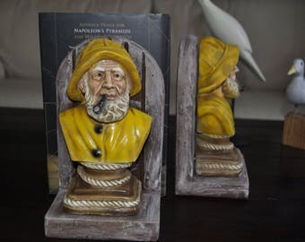 Vintage bookends - solid clay mold Fisherman bust.