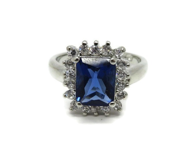 Vintage Blue & White CZ Ring, FAS Sterling Silver Cocktail Ring, Birthday Gift, Christmas Gift, Size 8