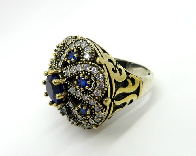 Vintage Sapphire Topaz Cocktail Ring, Two Tone Sterling Silver Statement Ring, Size 9