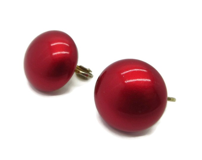 Red Button Holiday Earrings, Vintage Iridescent Clip-on Earrings