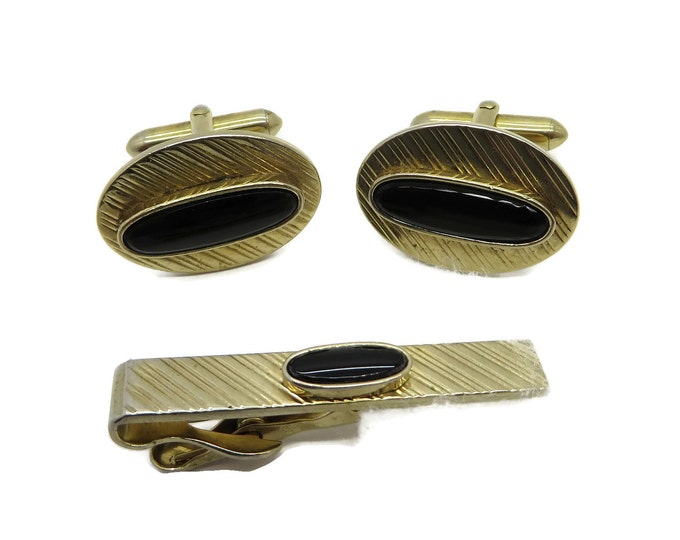 Swank Cufflinks Set, Vintage Onyx Cufflinks Tie Clip, Gold Tone Cufflink Set, Men's Suit Accessory, Gift for Him