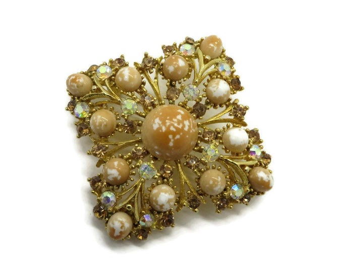 Weiss Orange and White Bead Rhinestone Studded Gold Tone Vintage Brooch