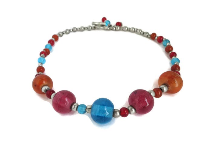 ON SALE! Vintage Chunky Red Blue Orange Glass Beaded Necklace