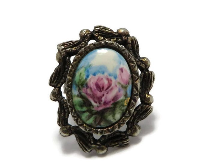 Vintage Flower Scene Antique Style Ring, Pink Rose Adjustable Cocktail Ring Size 5