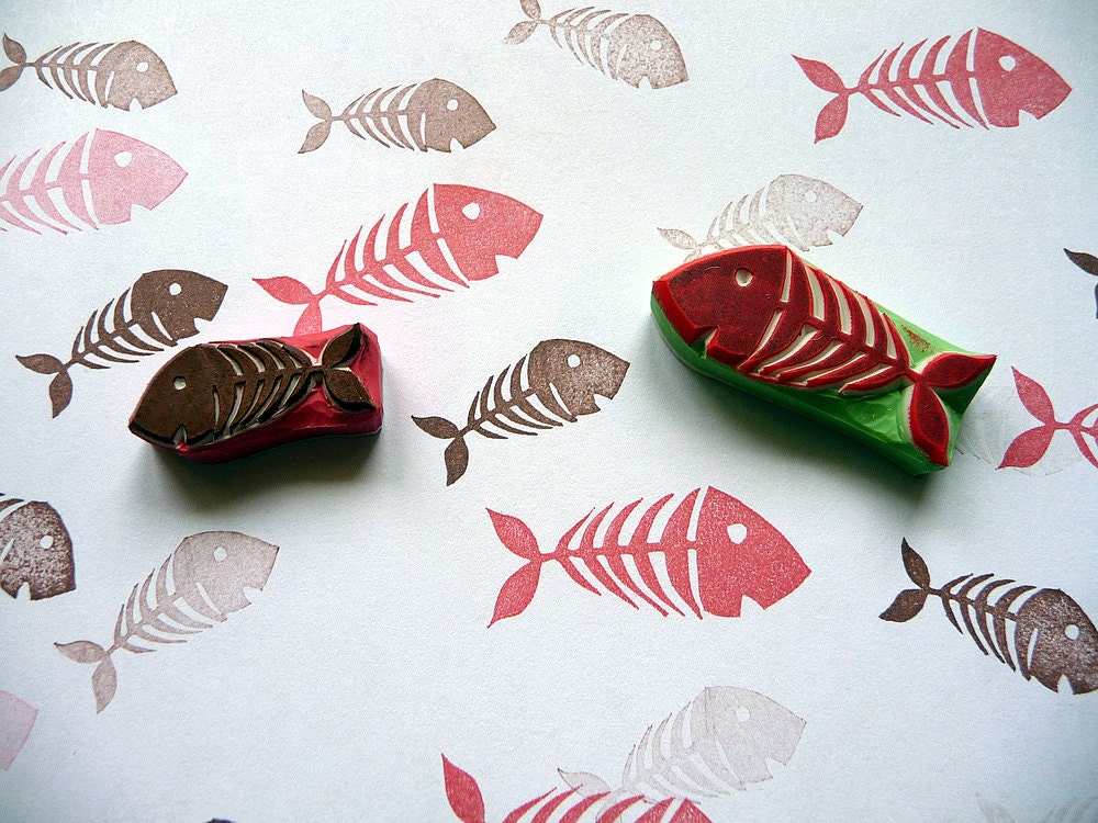 Fish Bones Rubber Stamp Craft Stamp Fish Stamp Hand Carved