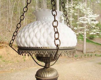 Vintage Hanging Lamp with Quilted Diamond Milk Glass Shade - Purchase Shade Only or Full Hanging Lamp