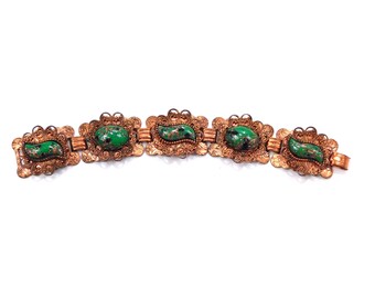 Copper Link Green Bracelet Victorian Style Panel Bracelet Lucite Center Germany Vintage Copper Bracelet Jewelry