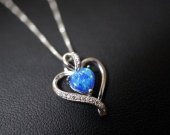 Opal Necklace, Blue Opal & Cz Necklace, October Birthstone, Blue Heart Opal Necklace,tiny Opal Jewelry, Full Sterling Silver Cz Necklace