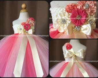 Flower girl tutu dress in ivory , coral and peach