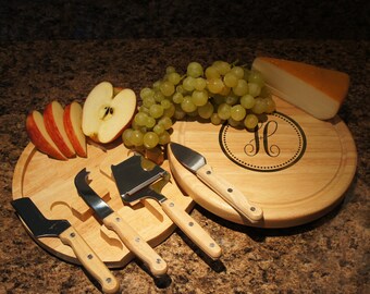 Personalized Cheese Board & Cutlery Set with Engraved Monogram Options and Font Selection (Each - 10" Diameter) Monogrammed Gift