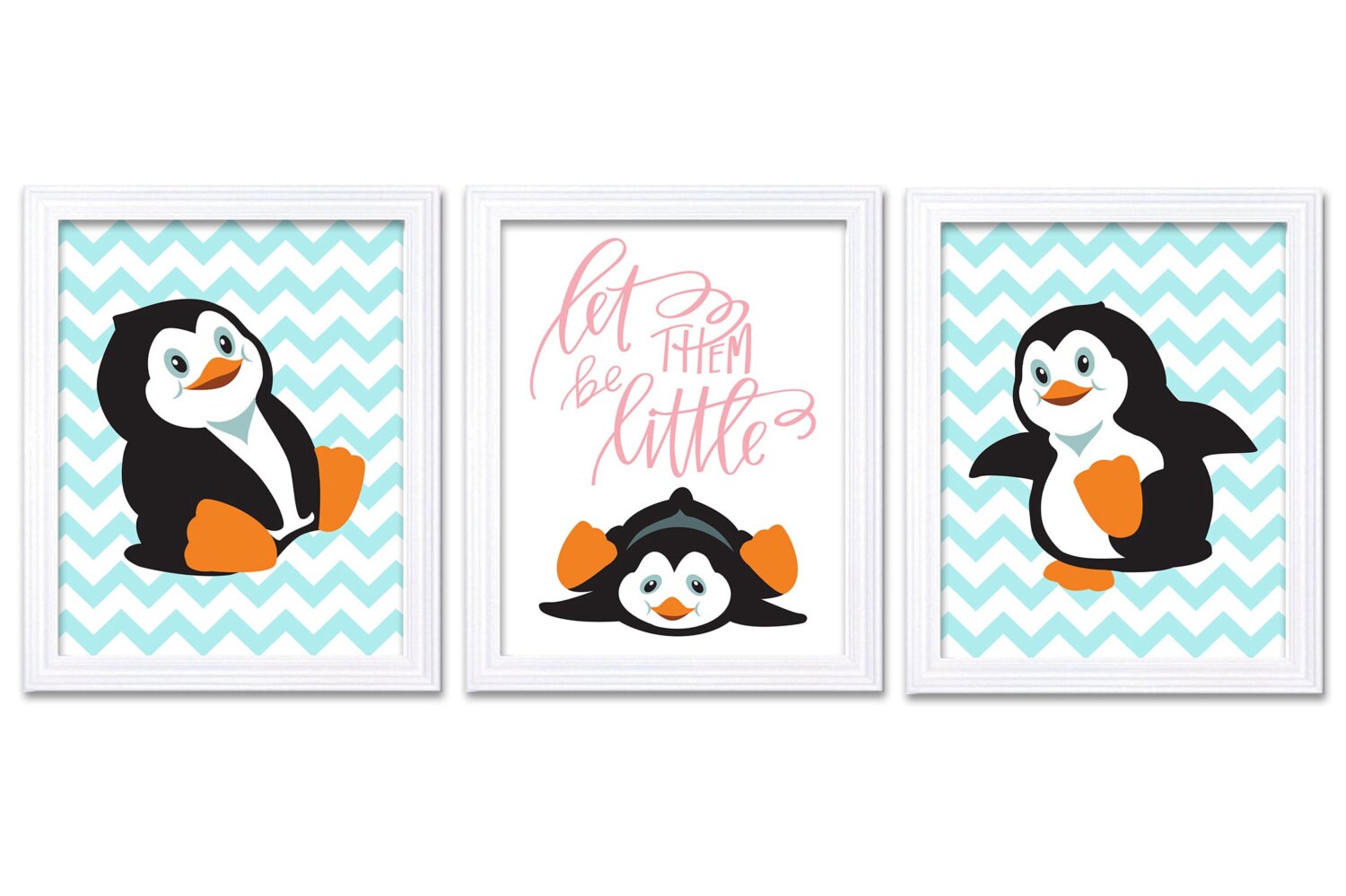 Penguin Nursery Art Set of 3 Print Black White Baby Blue Pink Dream Let Them Be Little Kid Room Wall