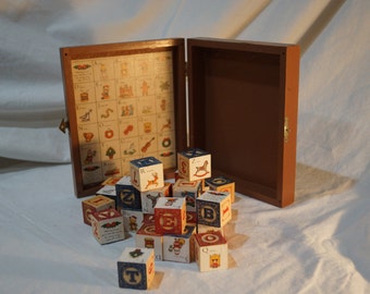 Vintage Christmas ABC Wooden Blocks and Hinged Wood Box