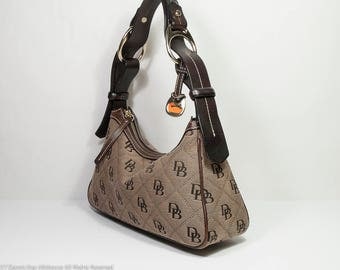 Dooney fabric purse, Dooney & Bourke hobo bag, bridle leather handle, Dooney shoulder bag, medium size Dooney zip top purse, leather trim