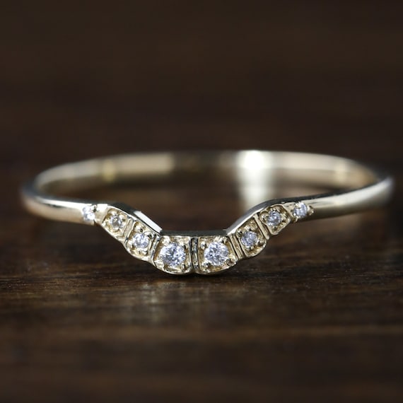 curved diamond wedding band, 14k 18k gold platinum / art deco inspired curved diamond wedding ring / stack set wedding curved band, mil-r205