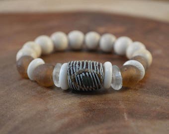 Bohemian Bracelet, Evil Eye Jewelry, African Trade Beads, Wood Bead Bracelet, Bohemian Jewelry, Recycled Glass, Boho, Stacking Bracelet