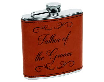 Father of the Groom Father of the Bride Gift Flasks - Custom Rawhide & Silver Flask