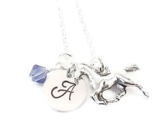 Personalized Initial Birthstone Horse Necklace, Equestrian Necklace, Pony Charm Necklace with Horse Charm and Swarovski Crystal Birthstone