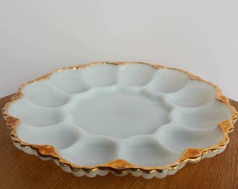 Milk glass with gold trim deviled egg tray, deviled egg platter