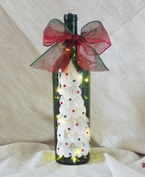 Hand Painted Christmas Tree on Green Lighted Wine Bottle