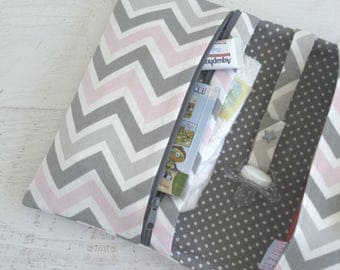Small Diaper Bag | Chevron Diaper Bag | Diaper Bag Organizer Insert | Diaper Bag Girl | Nappy Wallet | Pink and Grey Baby Shower Gift