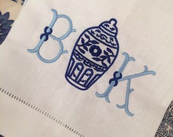 Ginger Jar Monogrammed Linen Tea Towel, Hostess Gift