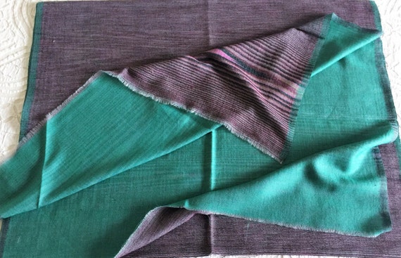 Semi Wool stole shawl wrap reversible double sided. Green on one side Striped gray brown magenta on the other. Wear it on either side