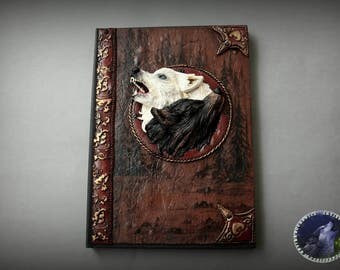 Two wolves polymer clay notebook journal cover