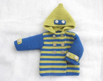 Hand knit pure merino baby coat with hood. Size 1-3 months.