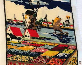 Dutch Holland Windmills Tulips Finished Needlepoint 16 x 19