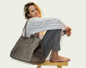 Sale!!! Large leather tote bag Leather tote GREY leather bag distressed leather tote