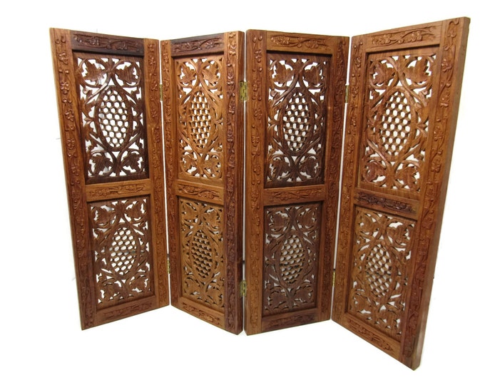 Vintage Mid Century Indian Wood Screen Divider - Folding Hand Carved Panels - Small Folding Table Top Screen Art Piece