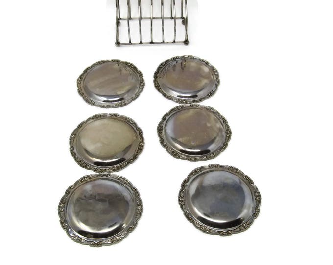 Silver Coasters with Holder - Silver Plated - Drink Holders - Vintage Barware - Set of Six - Beverage Holders Unique Gift Christmas Gift Mom