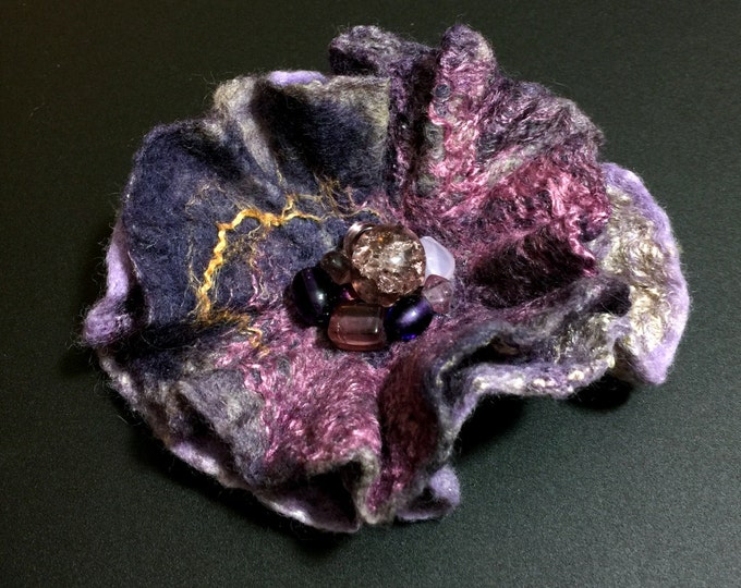 Merino Wool Silk Brooch Purple Large Beaded Jewelry Evening Wedding Fashion Wearable Art Best Friend Gift Scarf Flower Pin Anniversary Gift