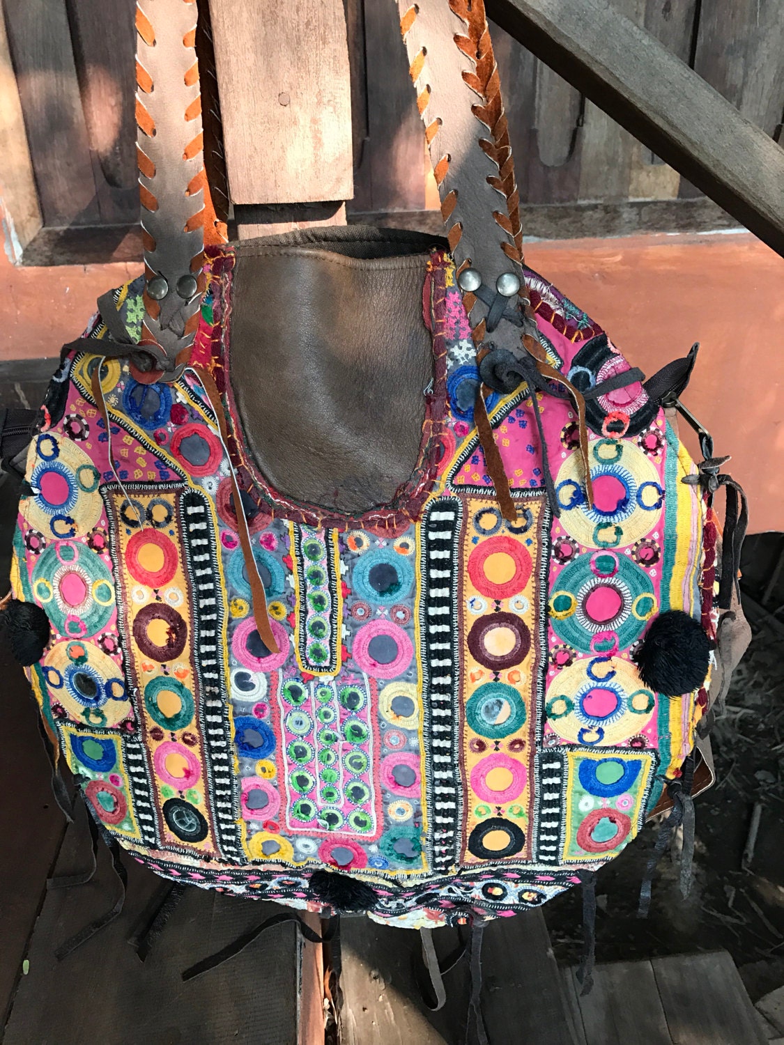 Boho vintage embroidery round bag hand made with antique