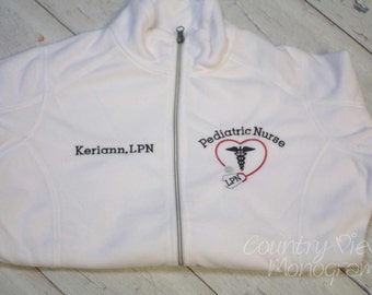 Pediatric Nurse BLOCK Emergency Nurse Fleece Jacket with Name on Right chest-RN zipup light or heavy weight fleece jacket