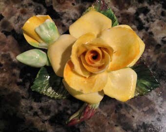 Bone China Hand Painted Yellow Rose Flower Brooch