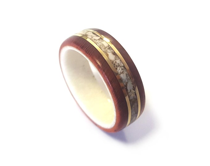 Wooden Ring Inlaid with Deer Antler, Padouk Wood Ring with Brass Stripes and Crushed White Turquoise Inlay