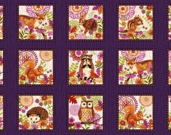 Woodland Animal Fabric Panel, Enchanted Forest Studio E 3830 58 Animal Blocks Eggplant, Bunny, Hedgehog, Raccoon, Squirrel, Owl, Fox, Cotton