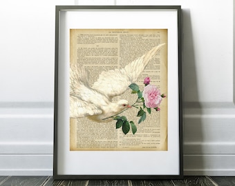 Dove with Roses, vintage French book, book art print, Digital Download, Printable Art, Home Decor,