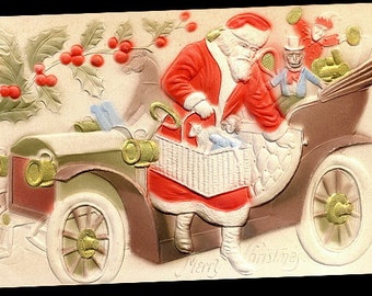 Santa Claus in Automobile Embossed 1907 Postcard