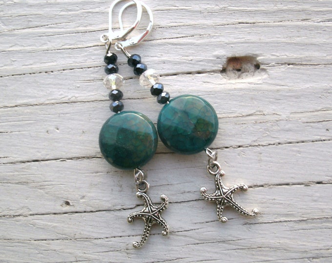 Starfish and Chrysocolla Agate earrings, faceted coin shaped beads, silver starfish charms, crystal beads, leverback wires, unique, beachy