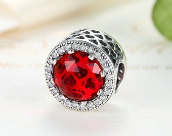 925 Silver Red Crystal Heart Circle Round Charm Bead Spacer Fit Pandora Charm Jewelry DIY Original Fits European Bracelet