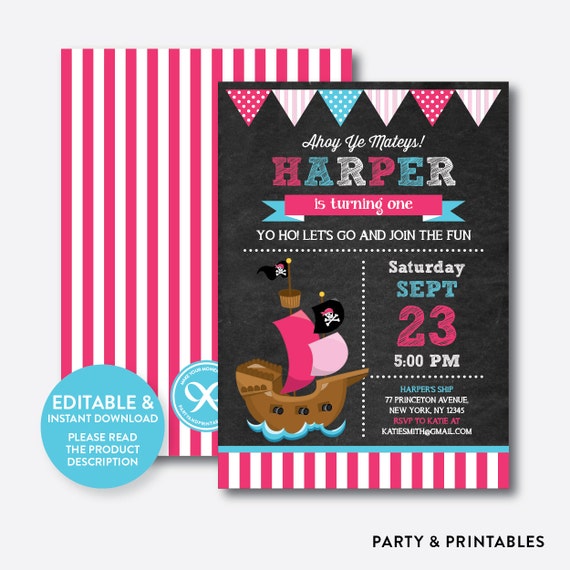 Instant Download, Editable Pirate Ship Birthday Invitation, Pirate Invitation, Pirate Party Invitation, Pirate Girl, Chalkboard (CKB.51B) Il_570xn